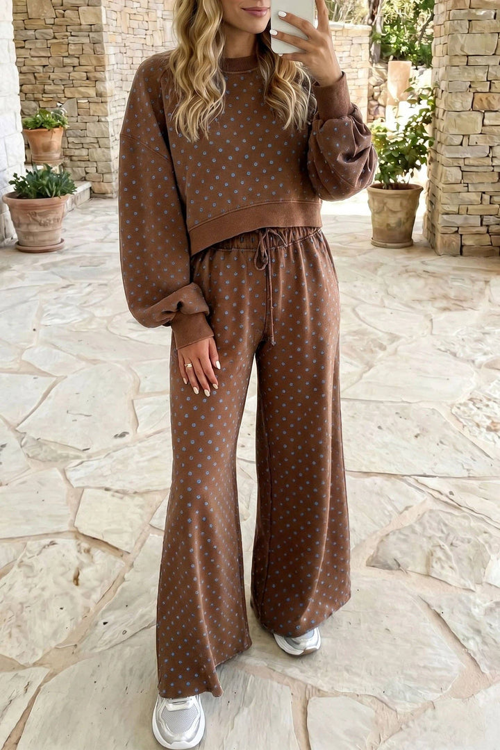 Polka Dot Drawstring Wide Leg Long Sleeve Top Pant Set: Red / 100%Polyester / L