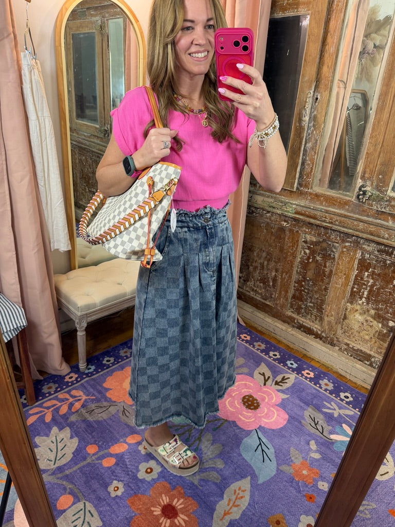 Washed Checkered Denim Midi Skirt