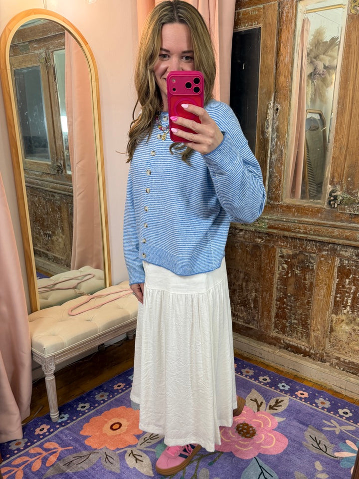 Striped Button Up Cardigan - Blue