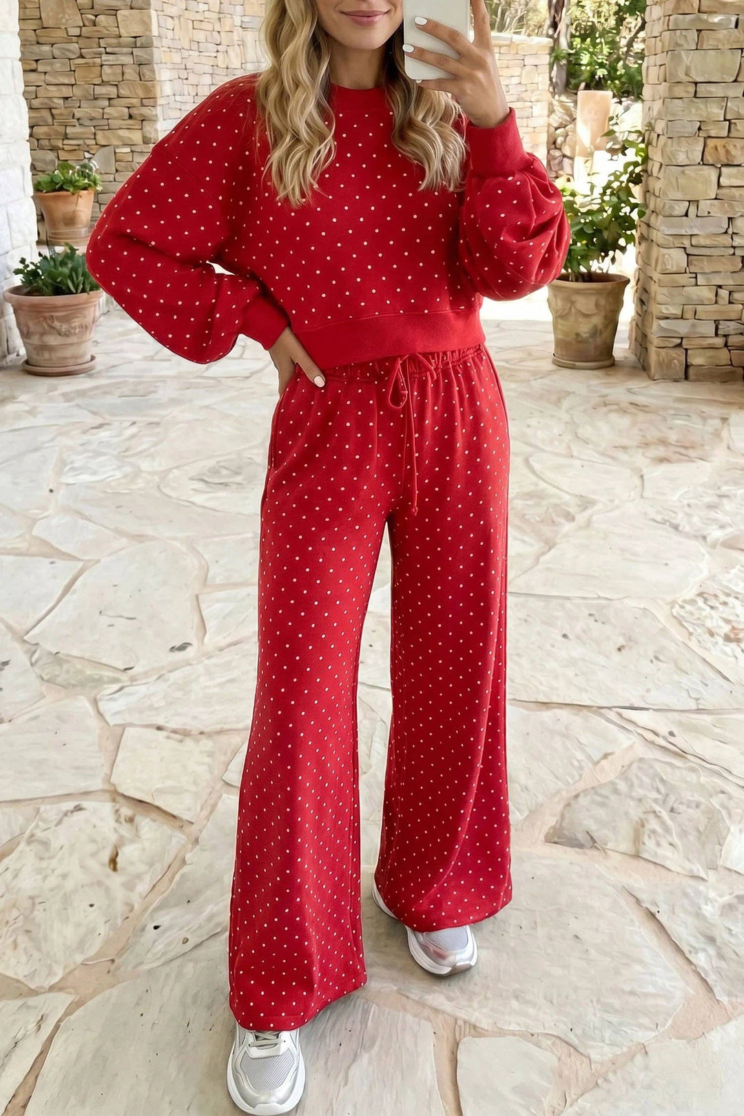 Polka Dot Drawstring Wide Leg Long Sleeve Top Pant Set: Red / 100%Polyester / L
