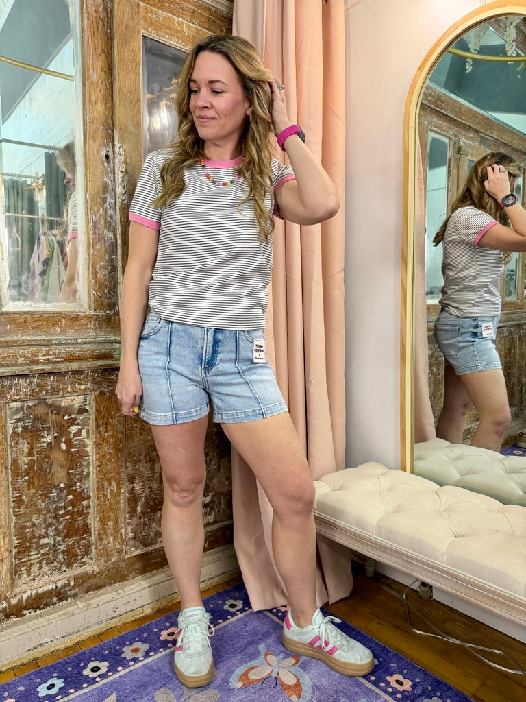 Striped Knit Tee- Pink/Black/White