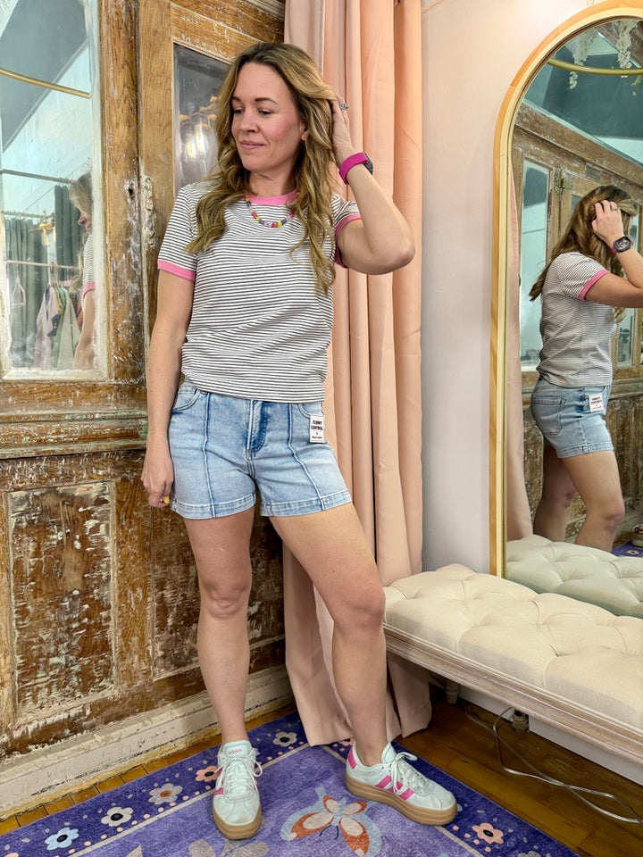 Striped Knit Tee- Pink/Black/White