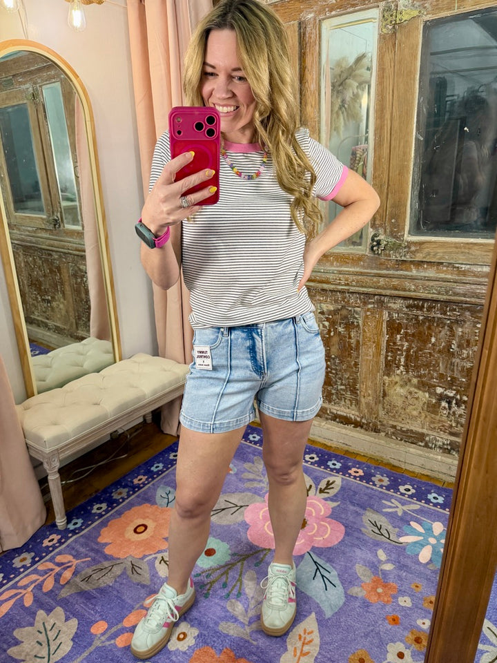 Striped Knit Tee- Pink/Black/White