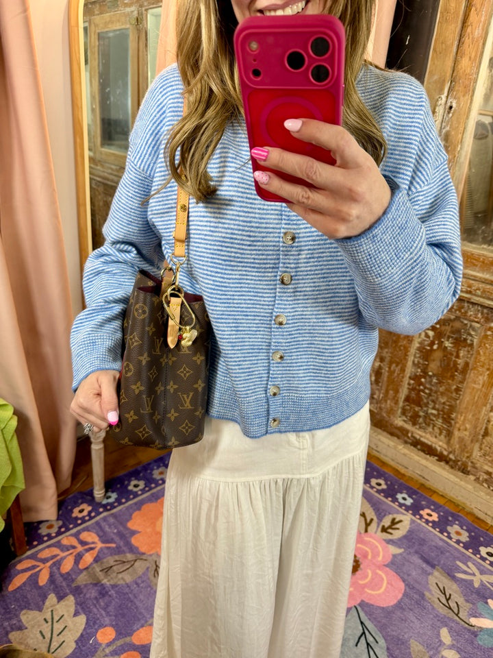 Striped Button Up Cardigan - Blue