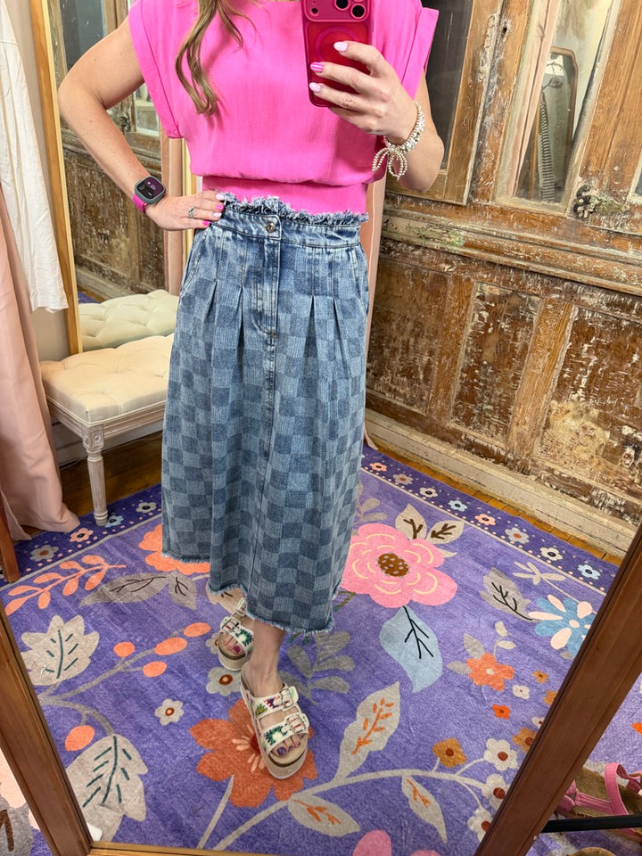 Washed Checkered Denim Midi Skirt