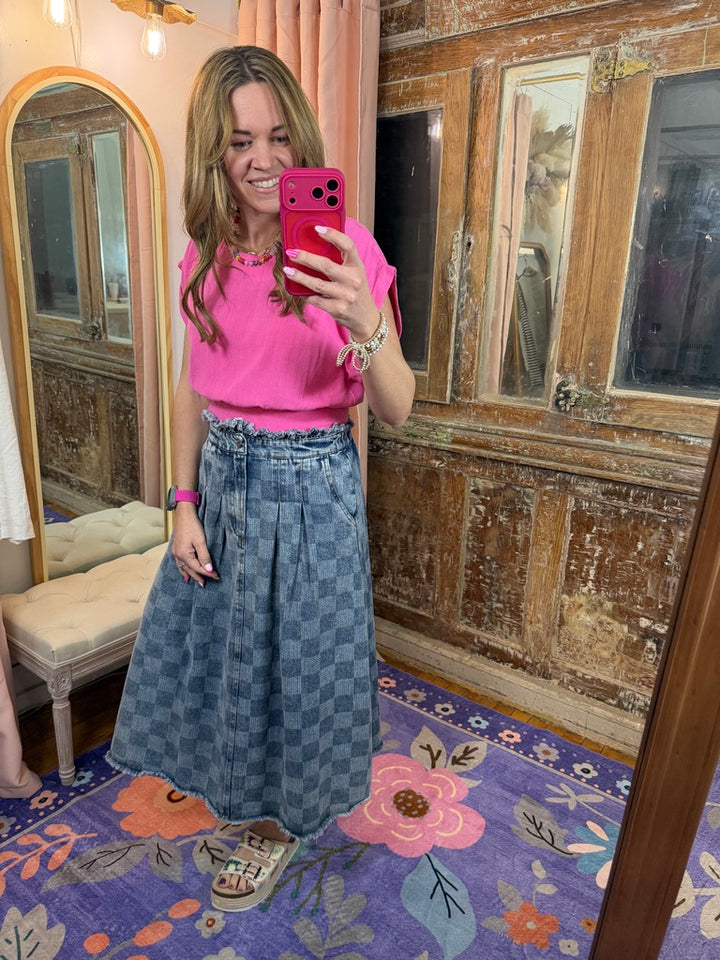 Washed Checkered Denim Midi Skirt
