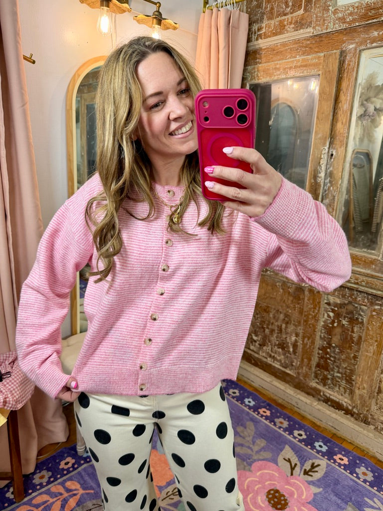 Striped Button Up Cardigan - Pink