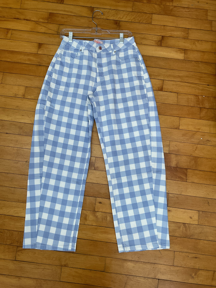 Blue Gingham Barrel Pants