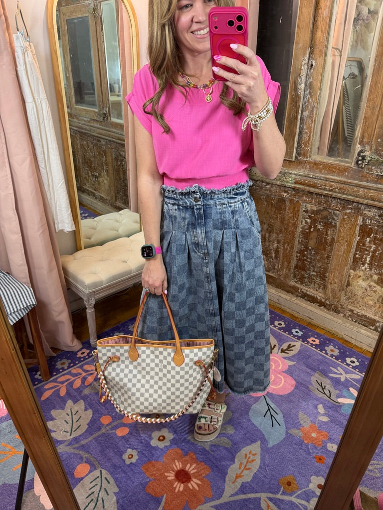 Washed Checkered Denim Midi Skirt