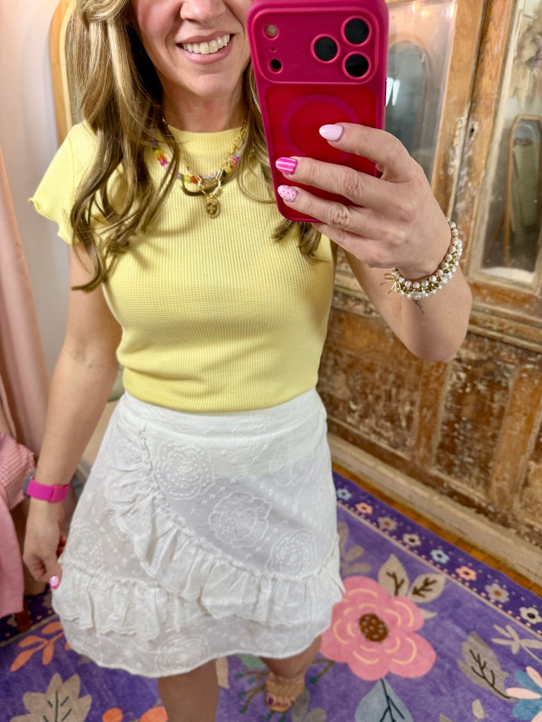 Lettuce Hem Mini Waffle Knit Top - Lemon