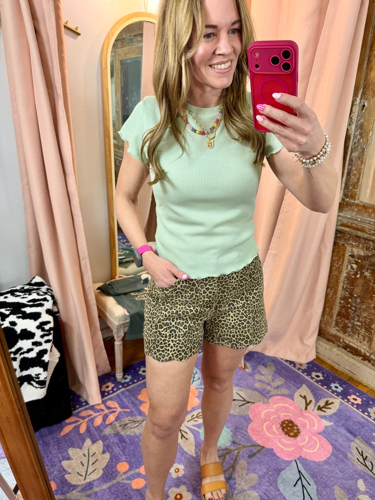 Lettuce Hem Mini Waffle Knit Top - Sage