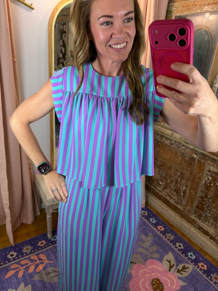 Purple Rain Stripe Flutter Top