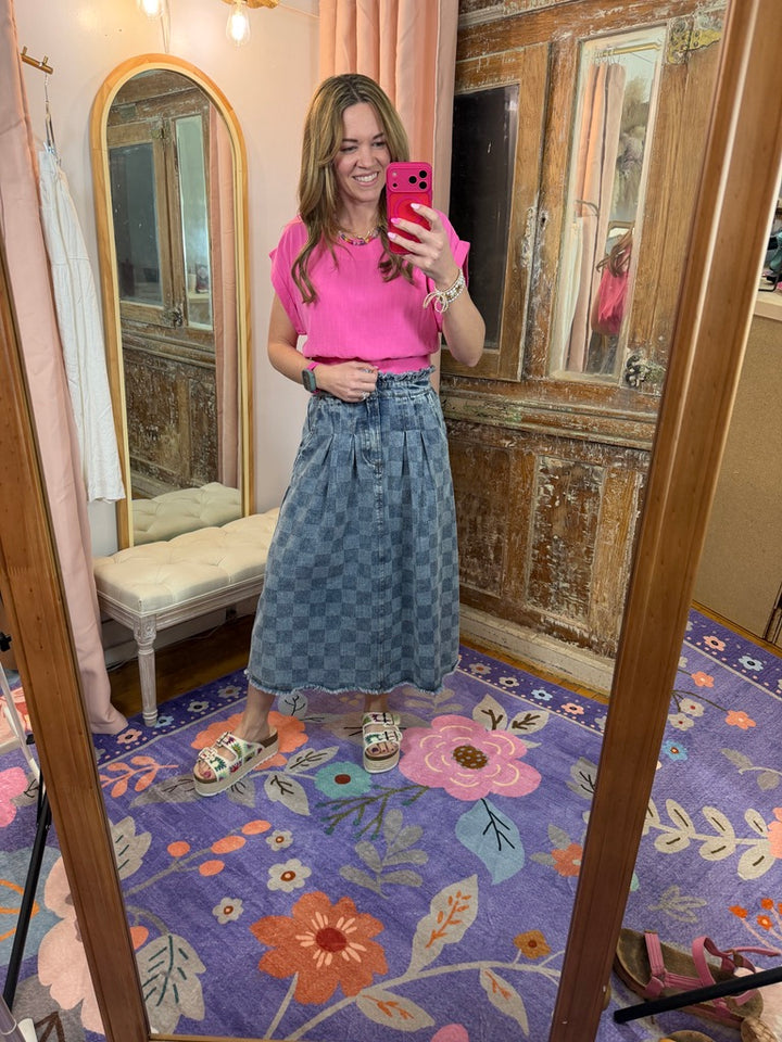 Washed Checkered Denim Midi Skirt