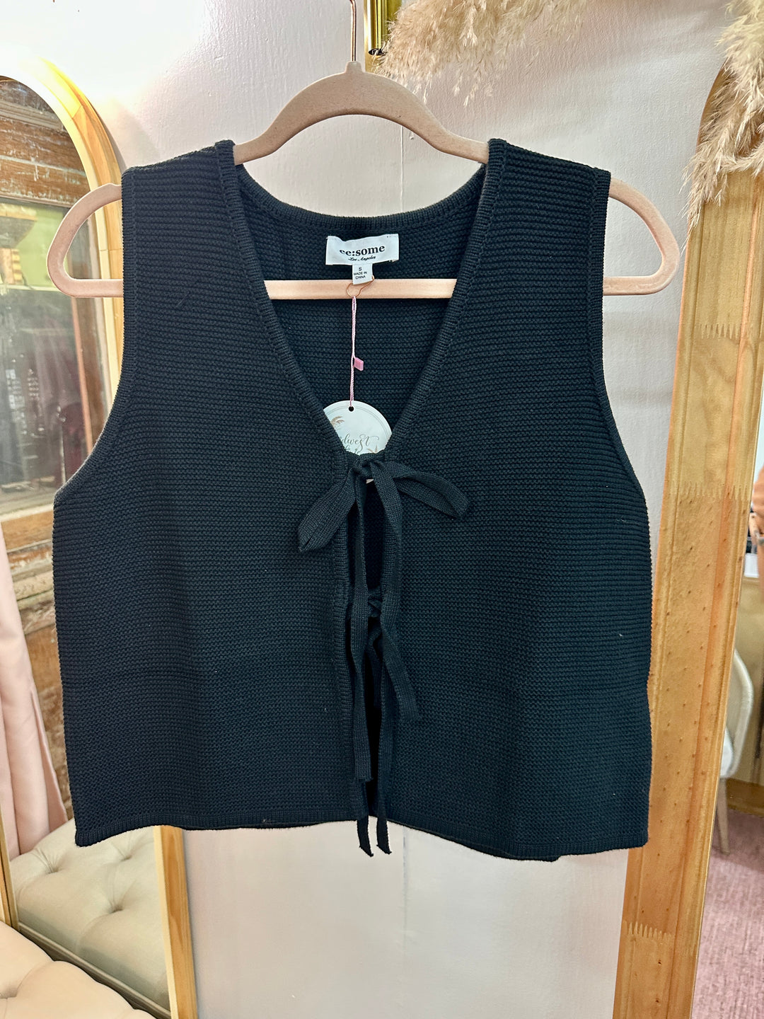 Tie Front Black Sweater Vest