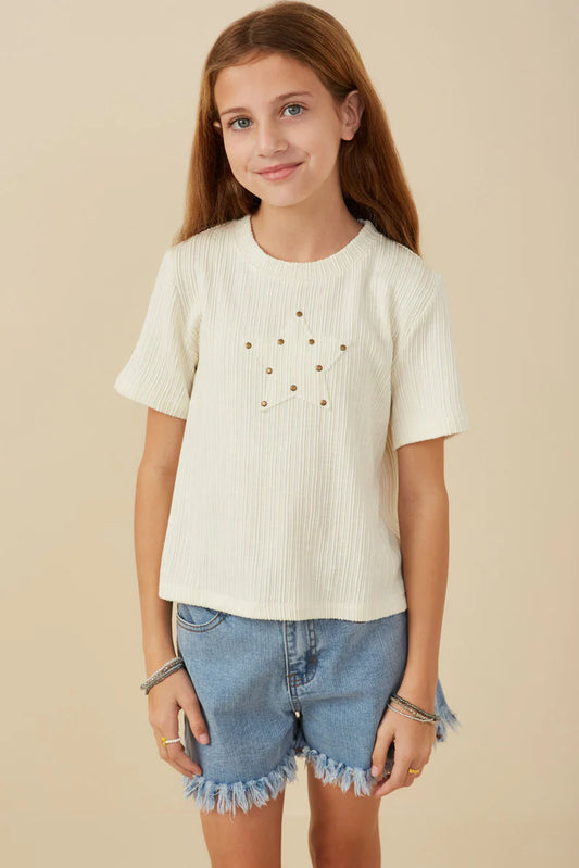 Girls Studded Star Patch Textured Knit T Shirt