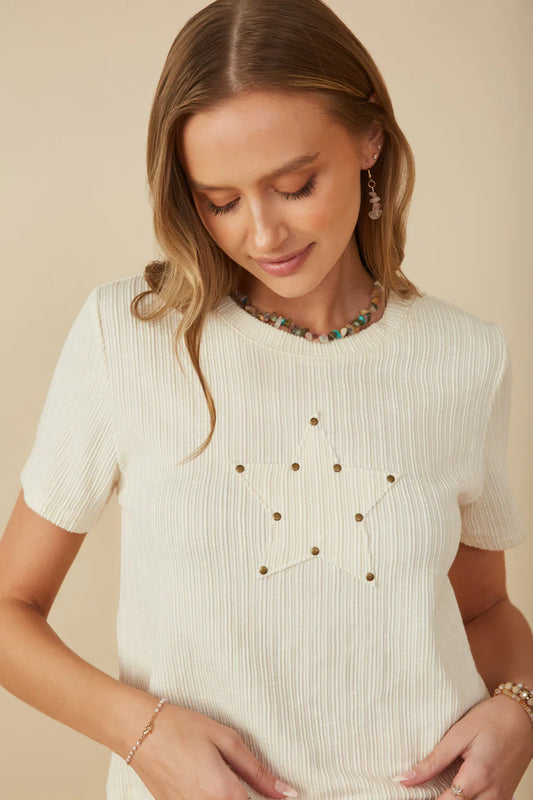 Studded Star Patch Textured Knit Tee
