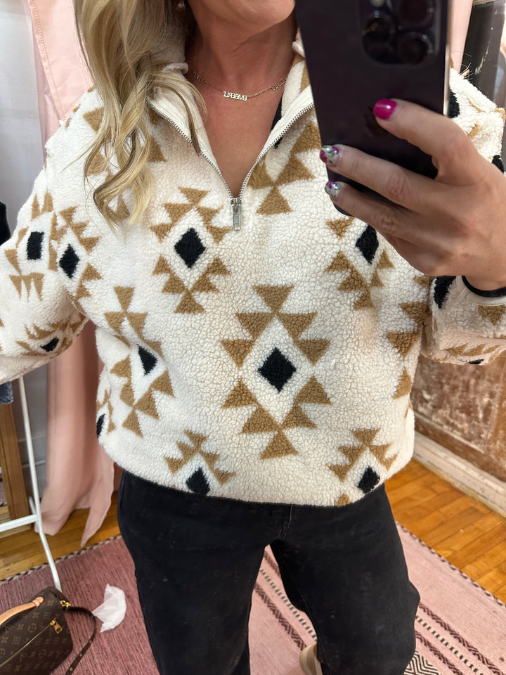 Half Zip Printed Teddy Pullover