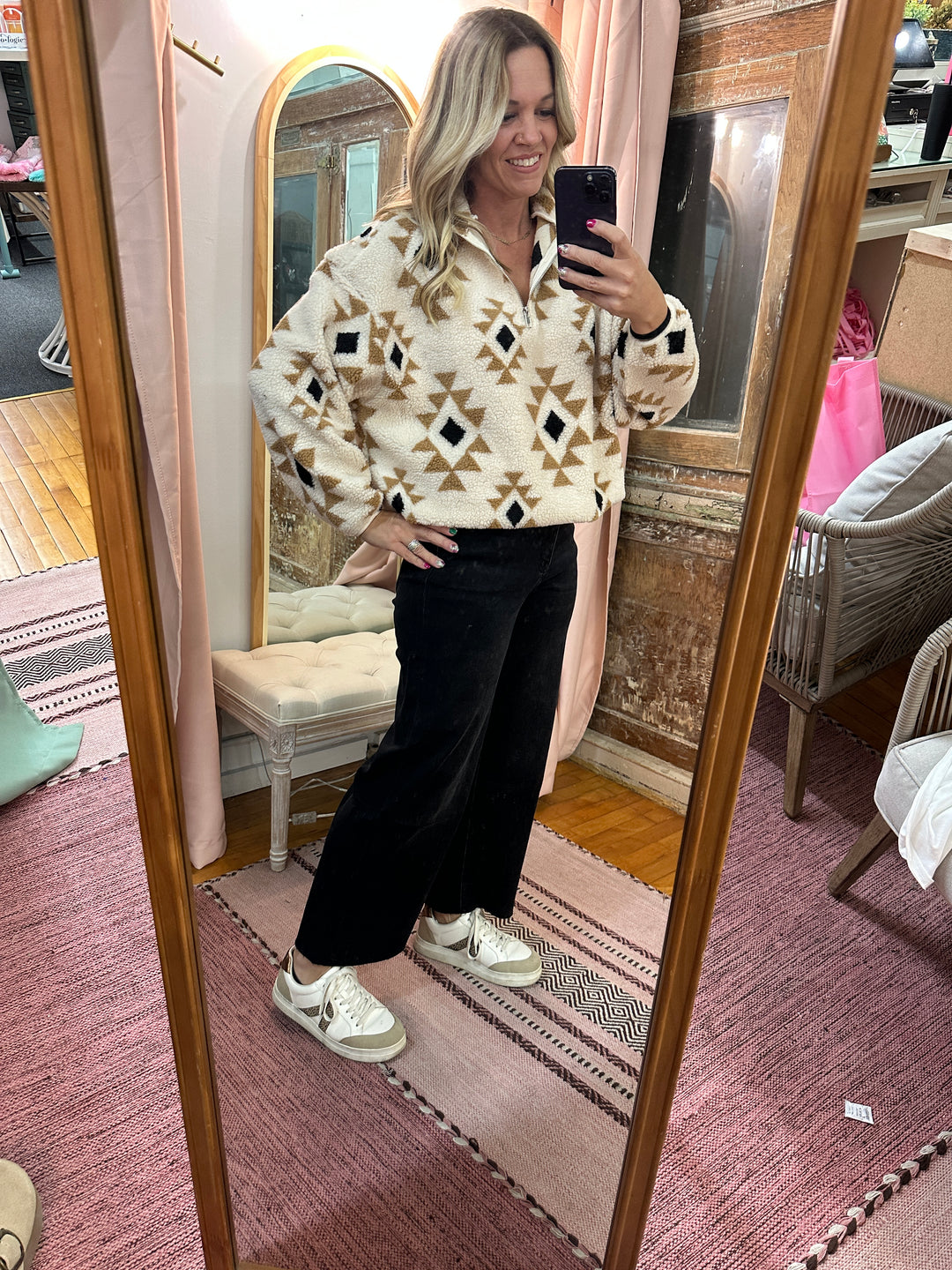 Half Zip Printed Teddy Pullover