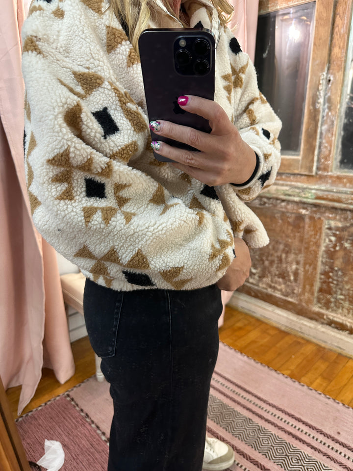 Half Zip Printed Teddy Pullover