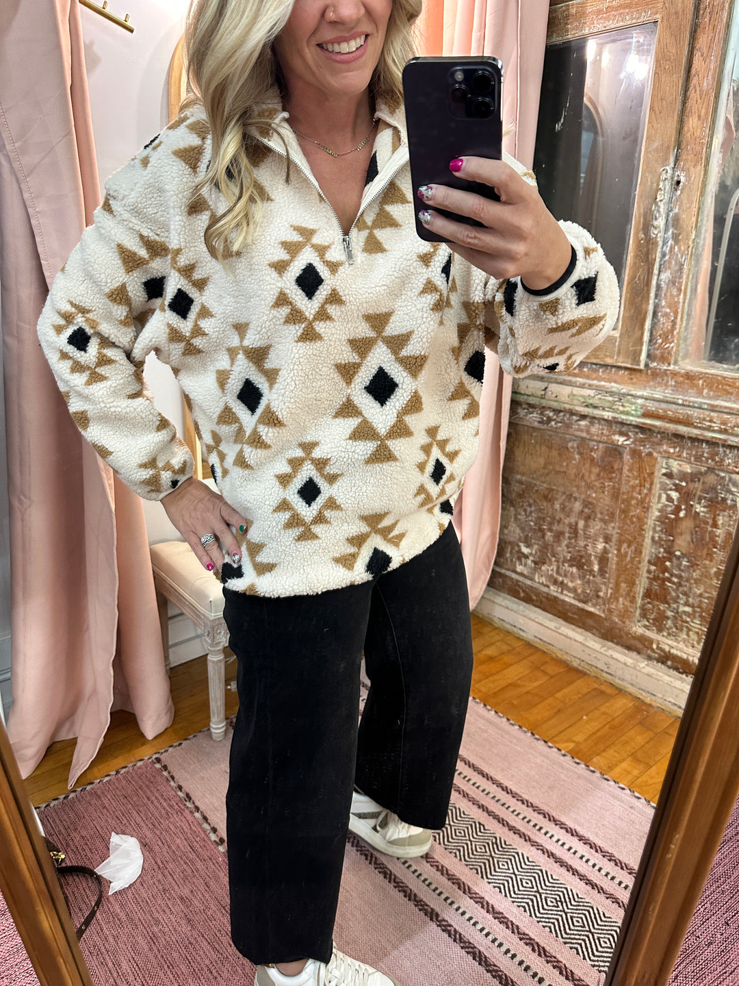 Half Zip Printed Teddy Pullover
