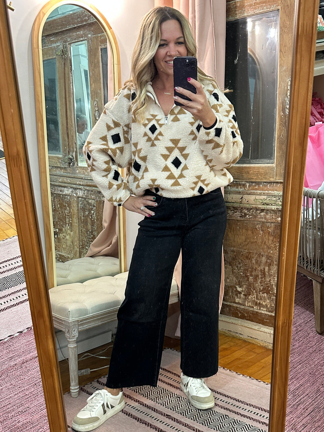 Half Zip Printed Teddy Pullover