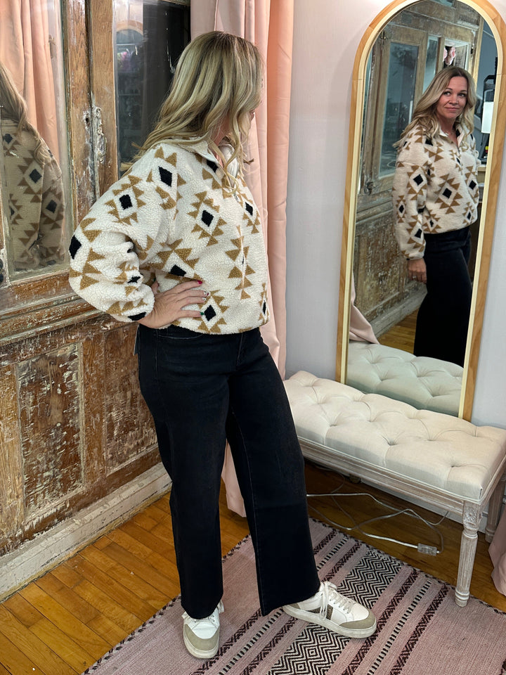 Half Zip Printed Teddy Pullover