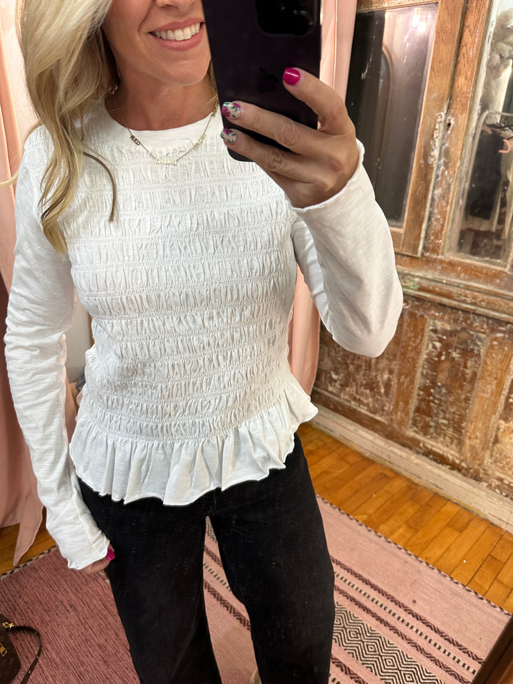 Smocked Slub Knit Top - White