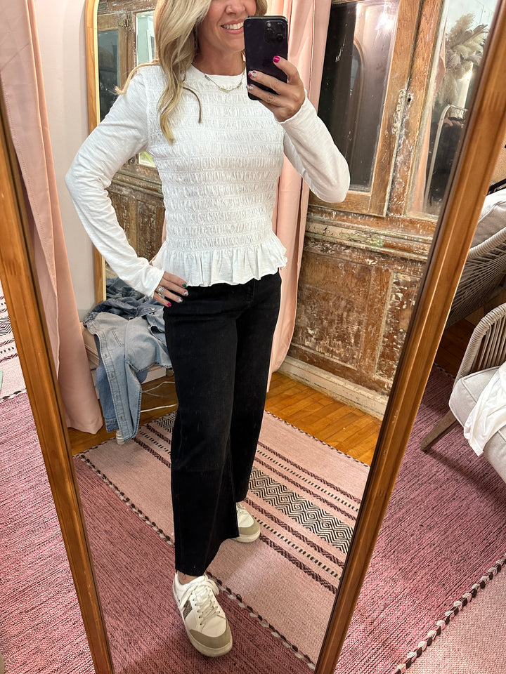 Smocked Slub Knit Top - White