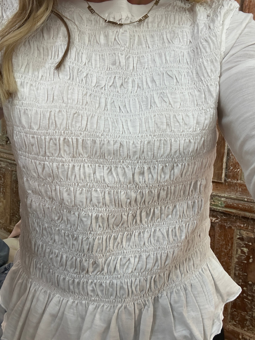 Smocked Slub Knit Top - White