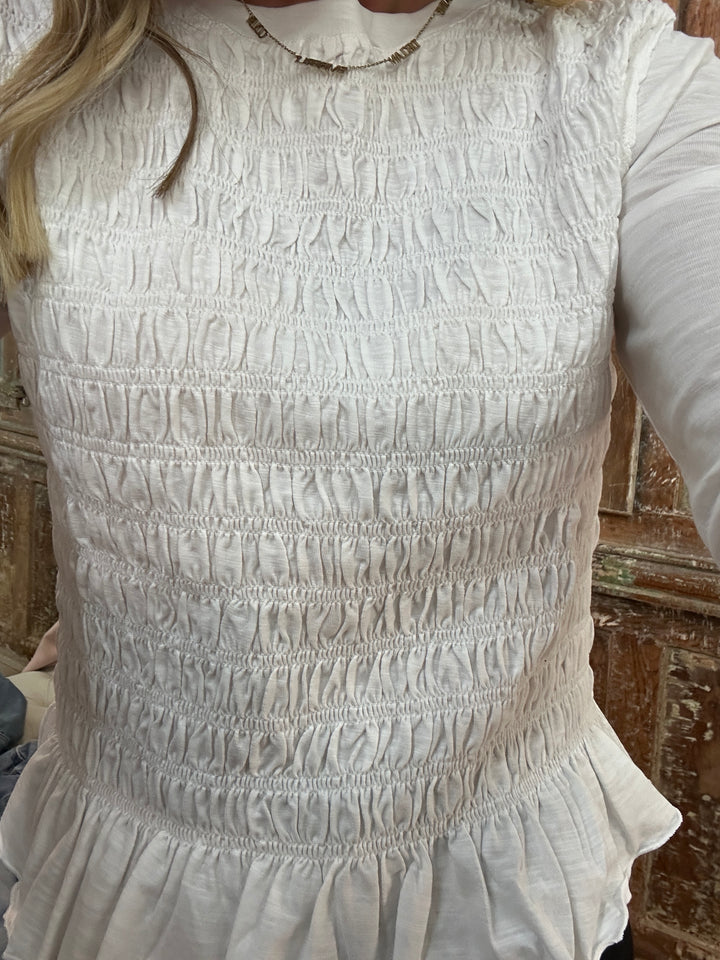 Smocked Slub Knit Top - White