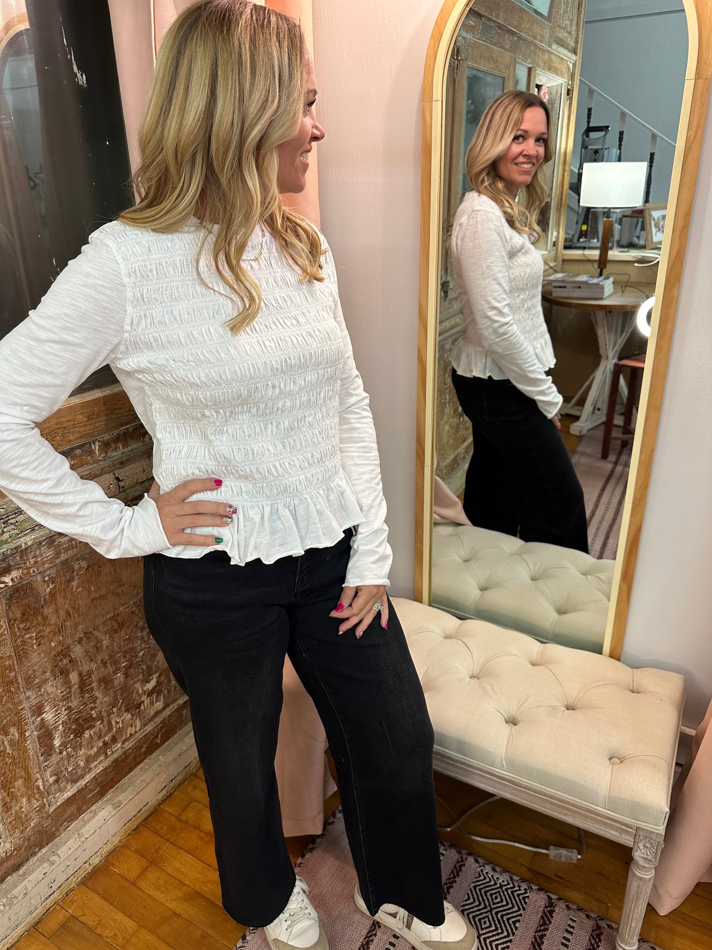 Smocked Slub Knit Top