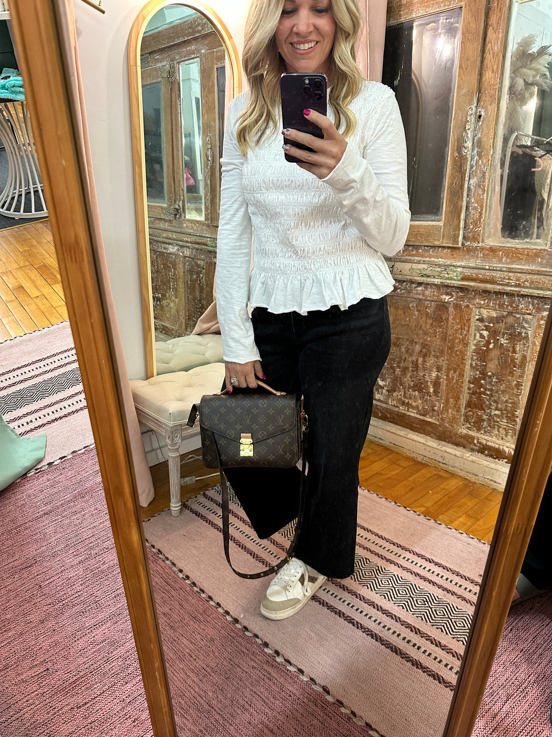 Smocked Slub Knit Top - White