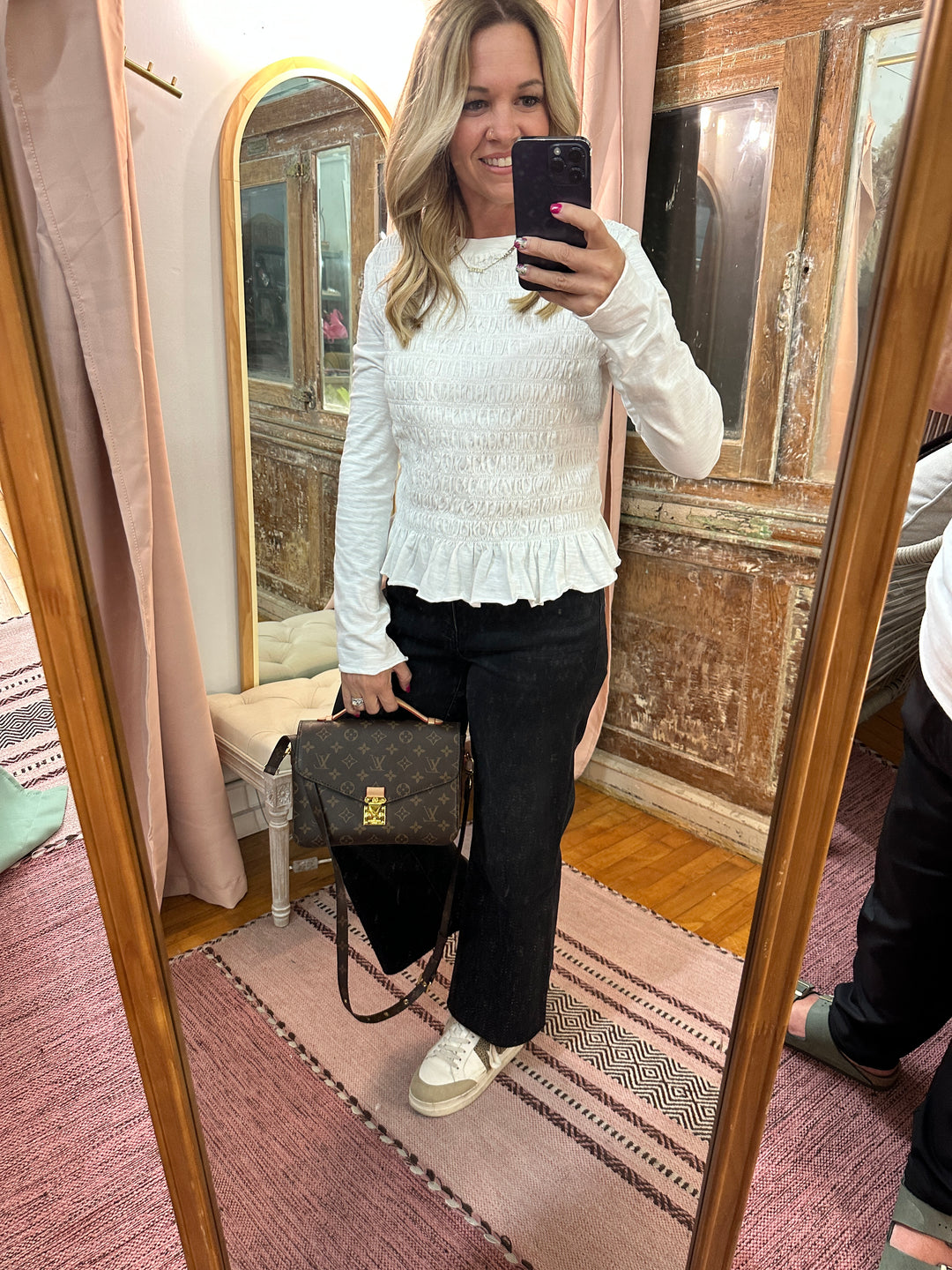 Smocked Slub Knit Top - White