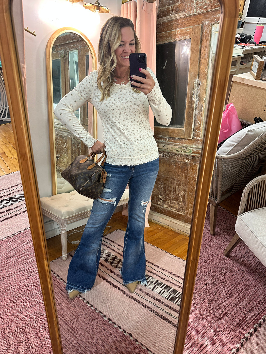 Floral Printed Lettuce Hem Fitted Knit Top