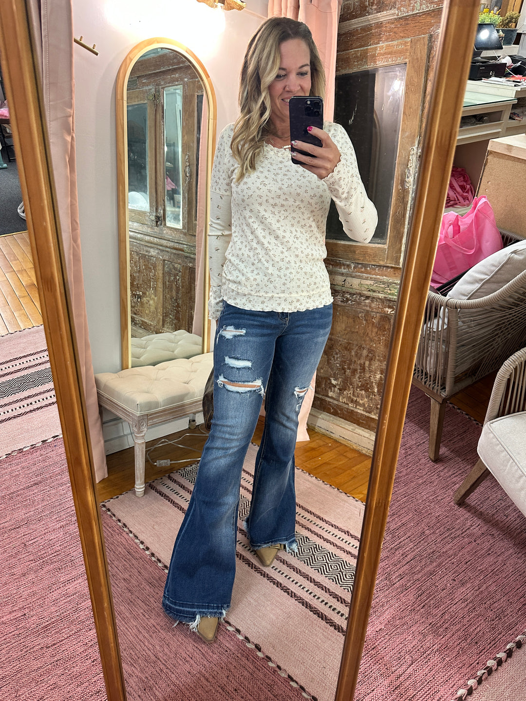 Floral Printed Lettuce Hem Fitted Knit Top