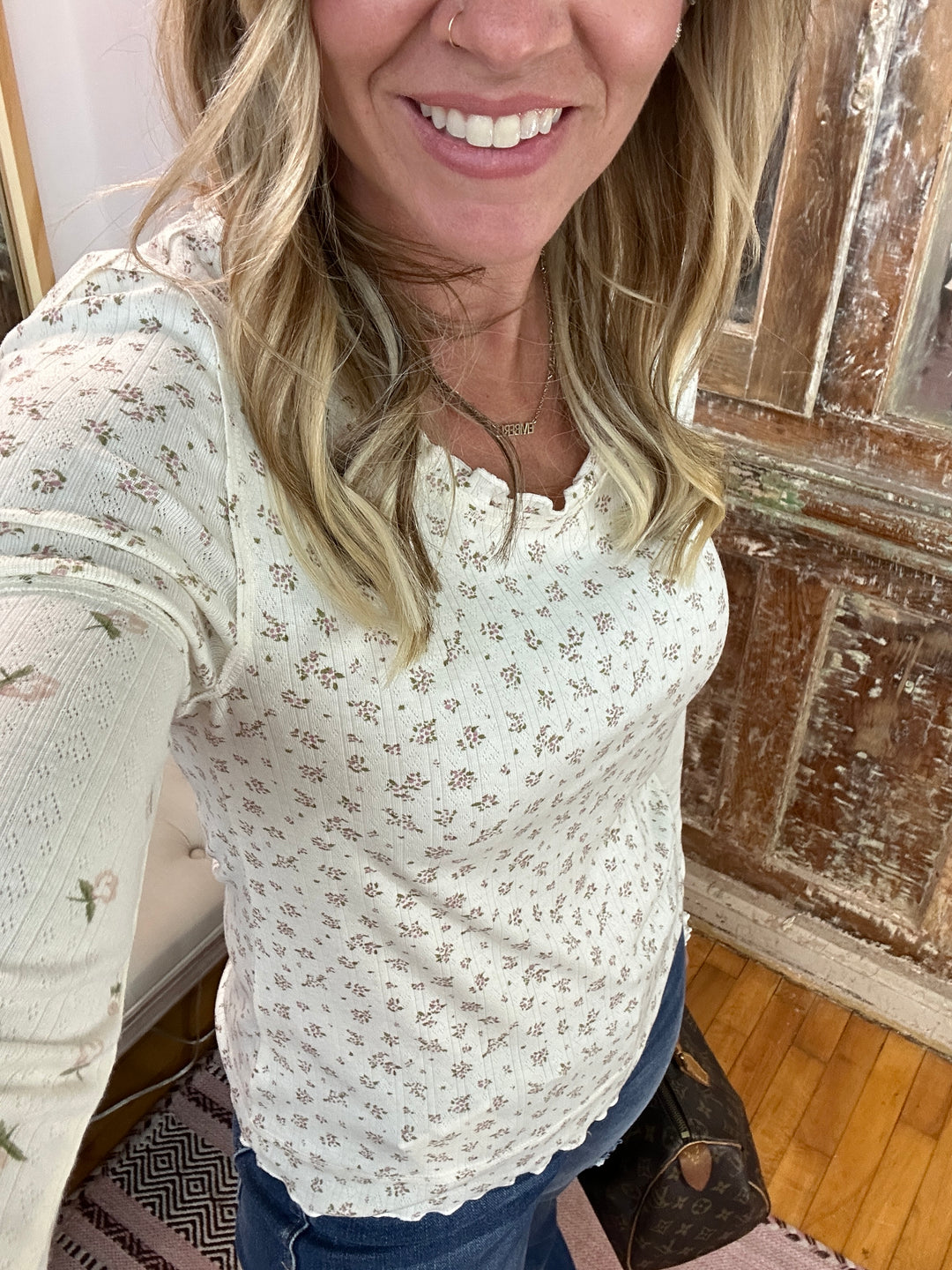 Floral Printed Lettuce Hem Fitted Knit Top