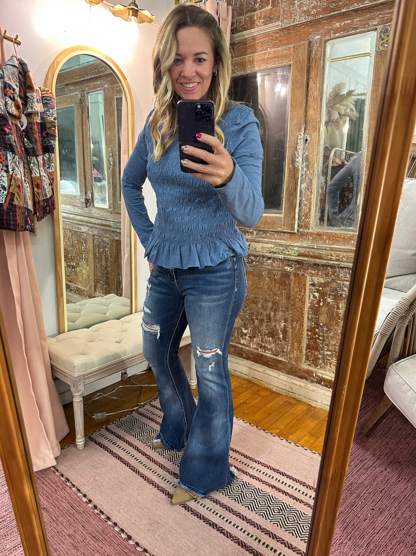 Smocked Slub Knit Top