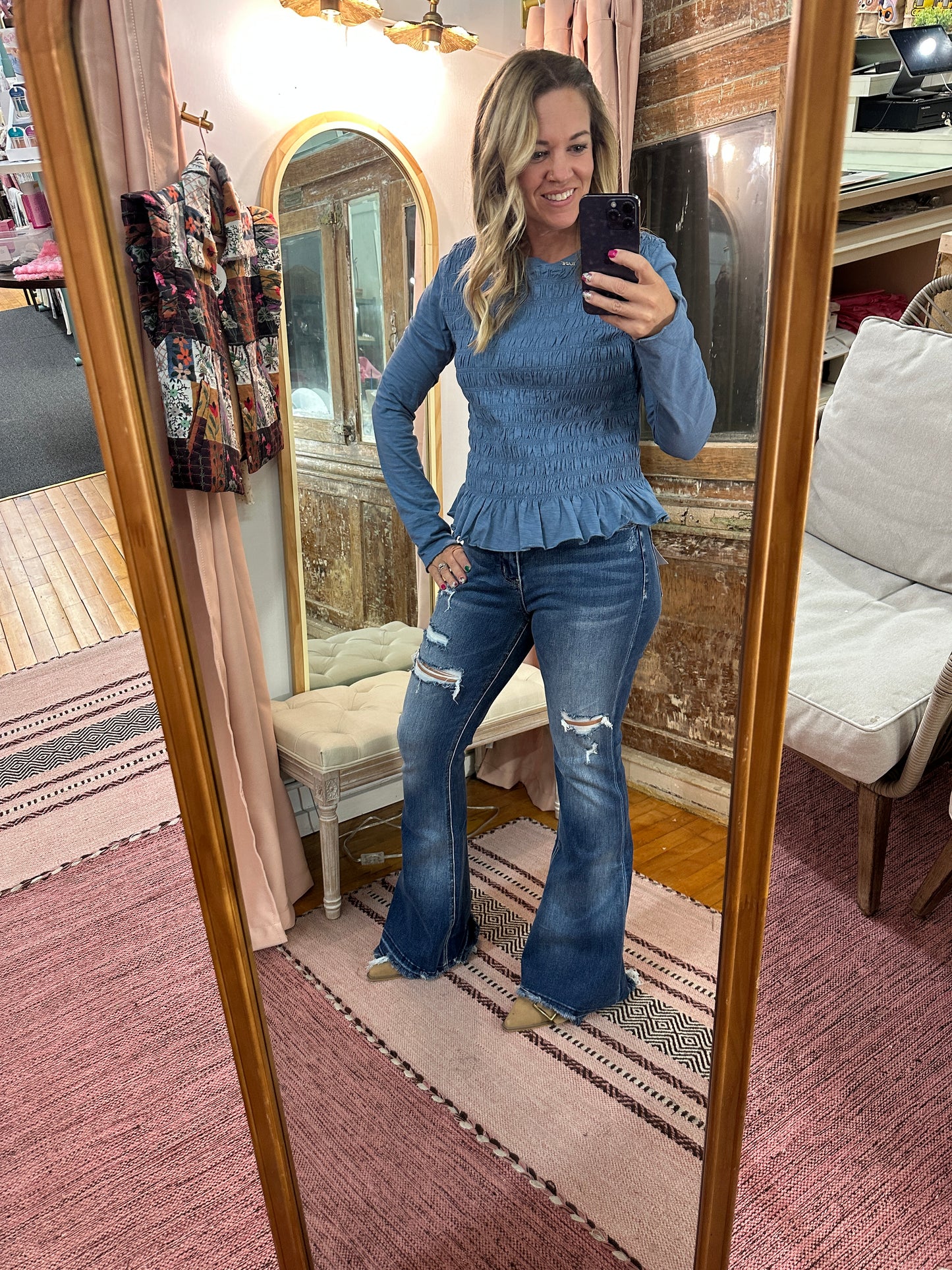 Smocked Slub Knit Top