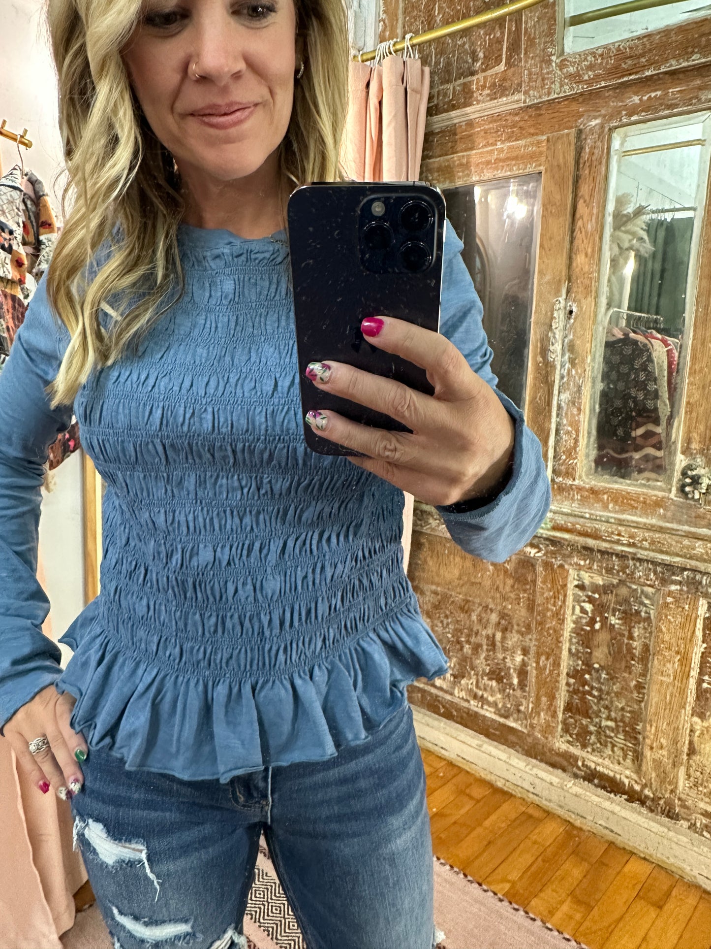Smocked Slub Knit Top