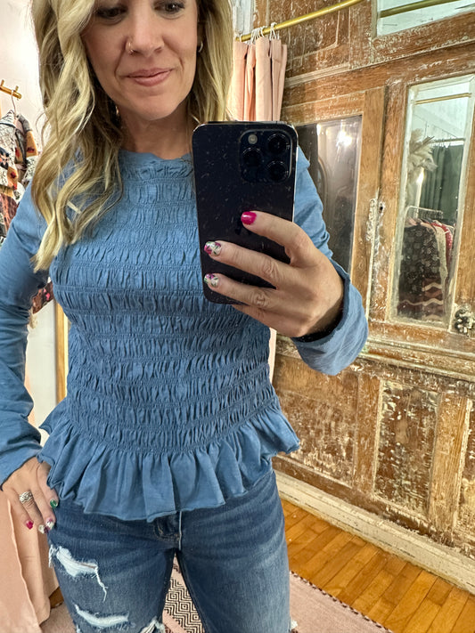 Smocked Slub Knit Top