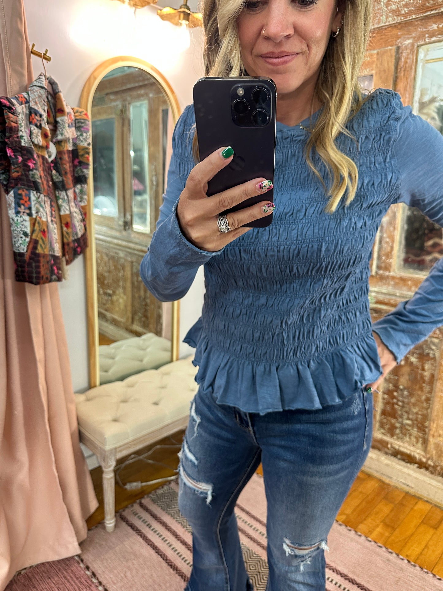 Smocked Slub Knit Top