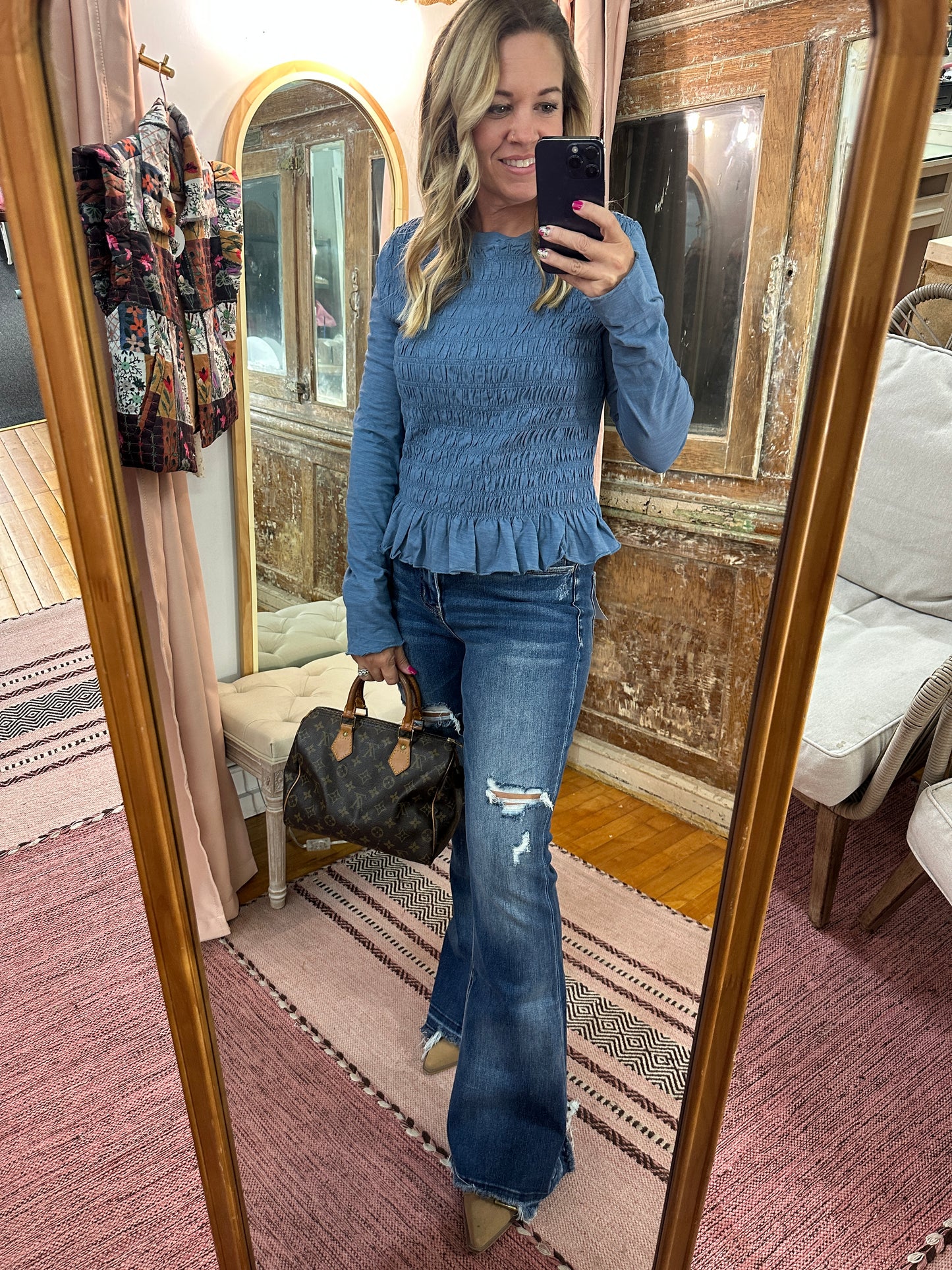 Smocked Slub Knit Top