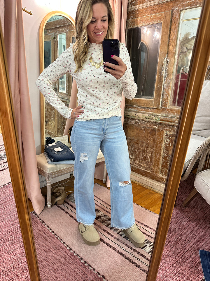 Floral Crinkled Mock Neck Top