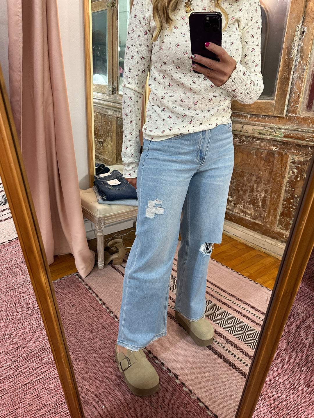 Floral Crinkled Mock Neck Top