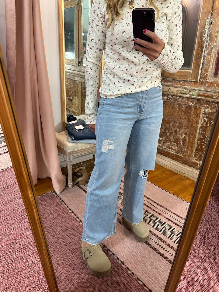 Floral Crinkled Mock Neck Top