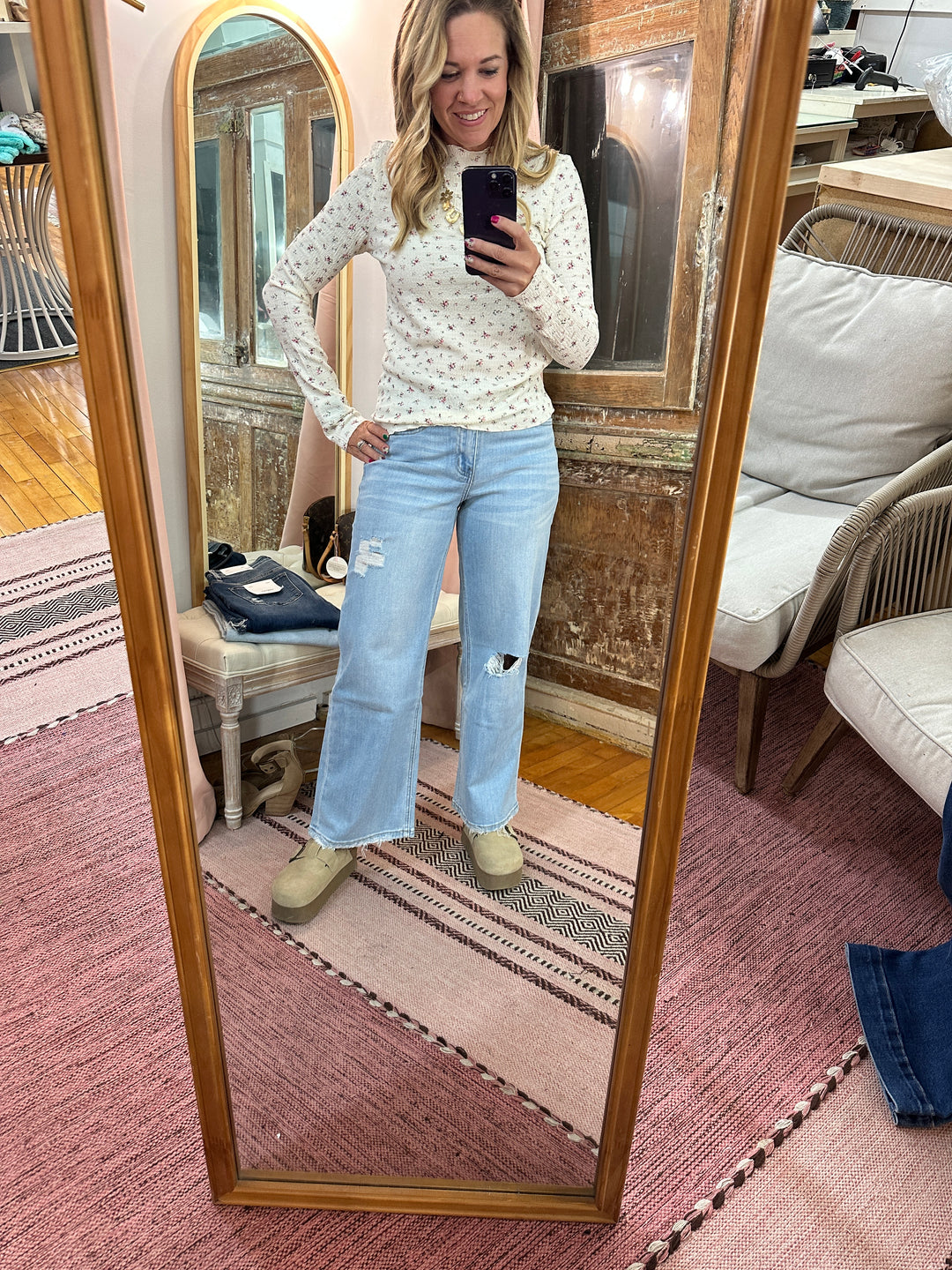 Floral Crinkled Mock Neck Top