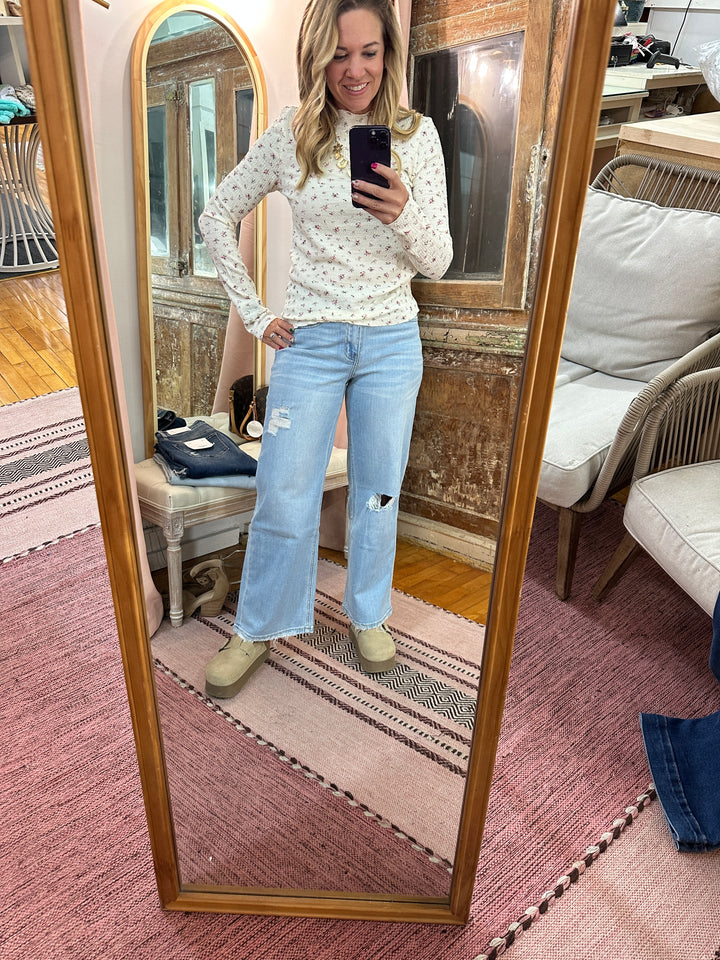 Floral Crinkled Mock Neck Top