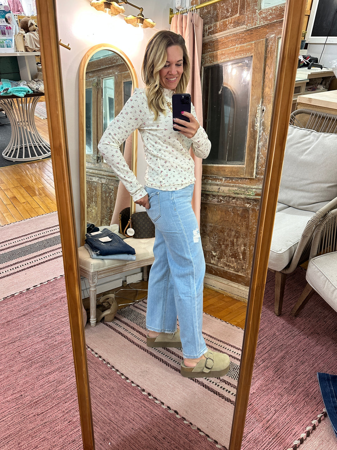 Floral Crinkled Mock Neck Top