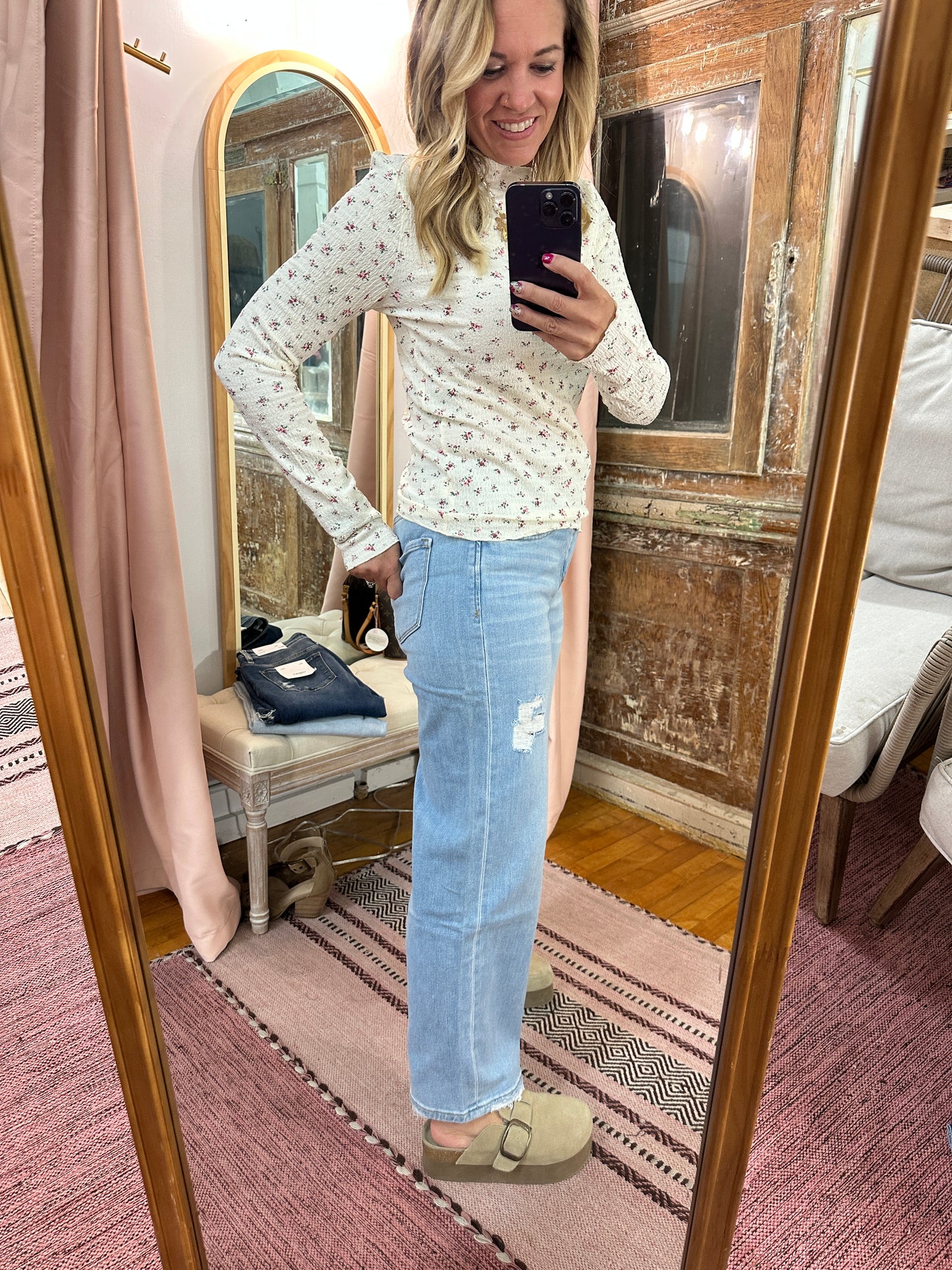 Floral Crinkled Mock Neck Top