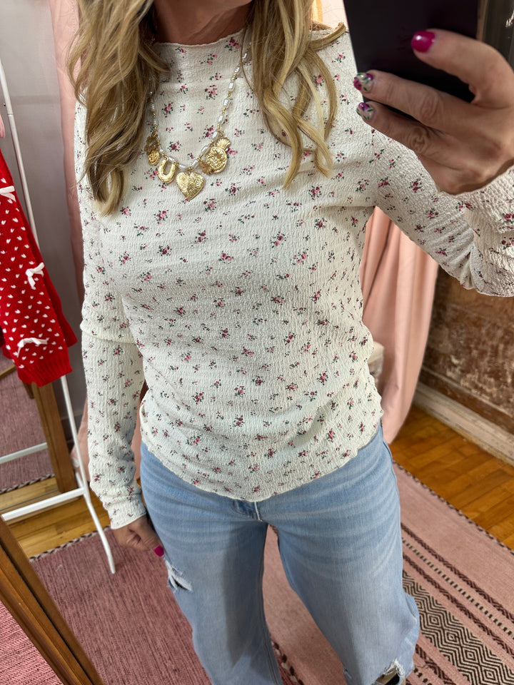 Floral Crinkled Mock Neck Top